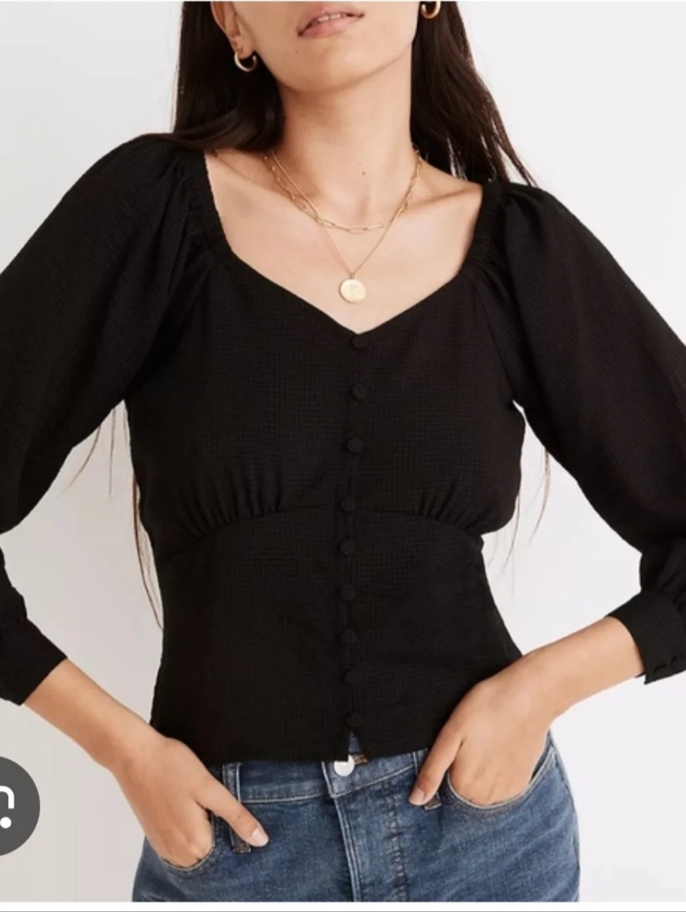 Madewell Black Buttoned Puff Sleeve Blouse